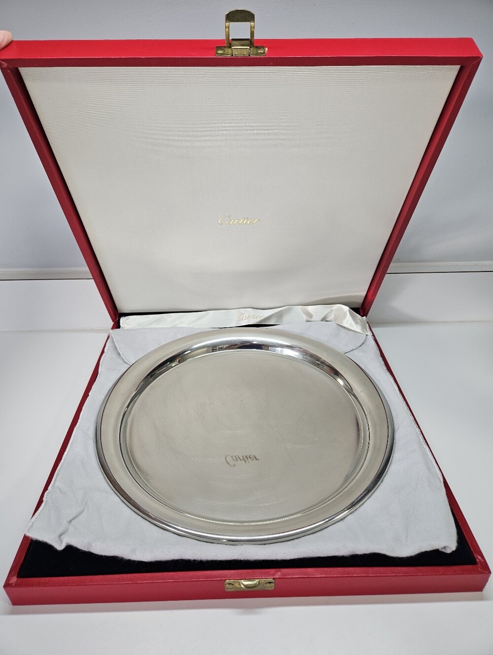 VINTAGE CARTIER 11” Pewter Plate Platter Tray Original Box and Anti-Tarnish Bag
